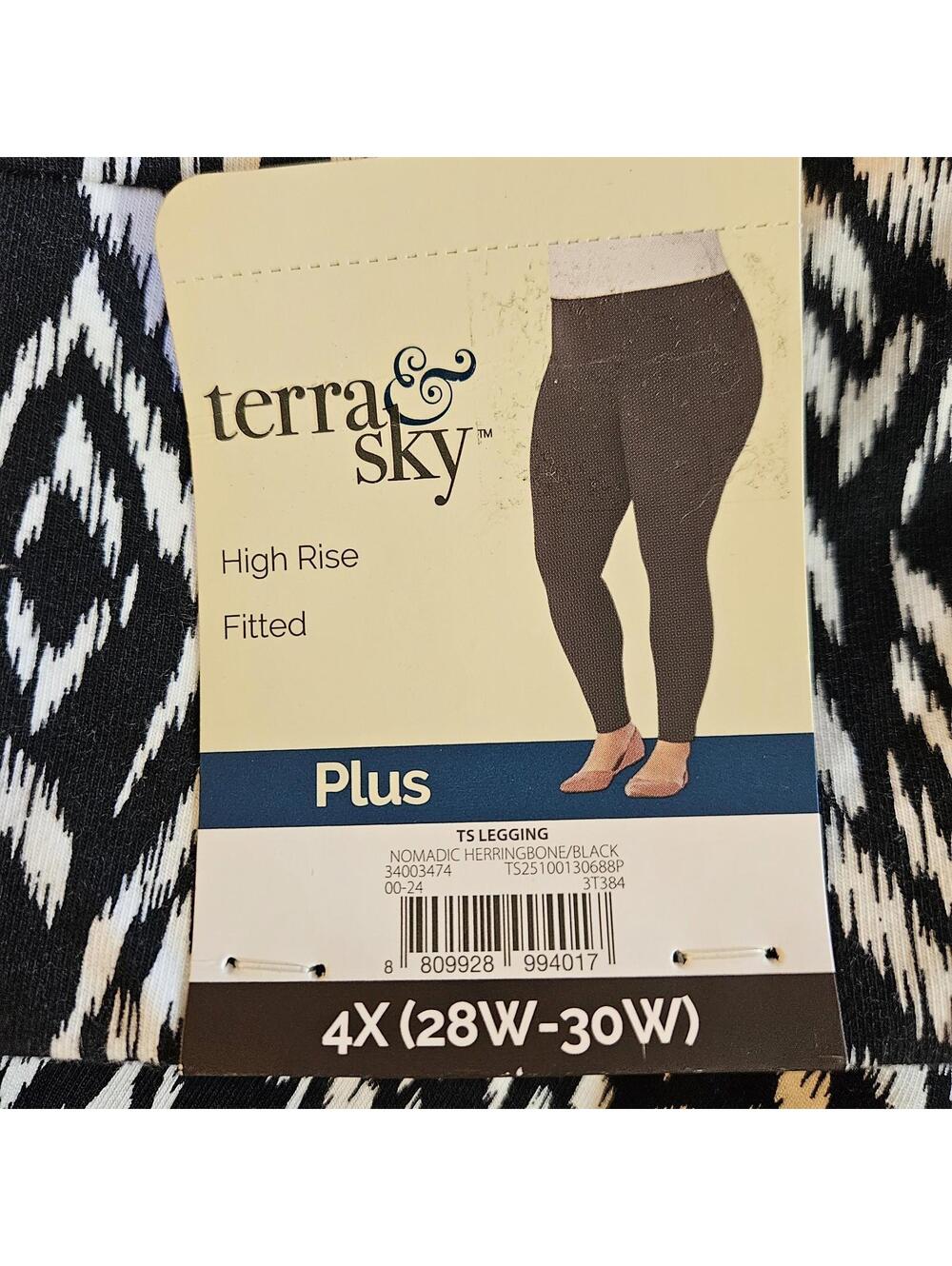 NWT 4X Plus Size 28W-30W Terra & Sky High Rise Fitted Leggings Herringbone Black